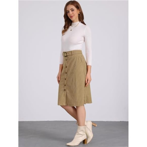 Womens High Waist Button Front A-Line Skirt Khaki - Picture 3 of 5